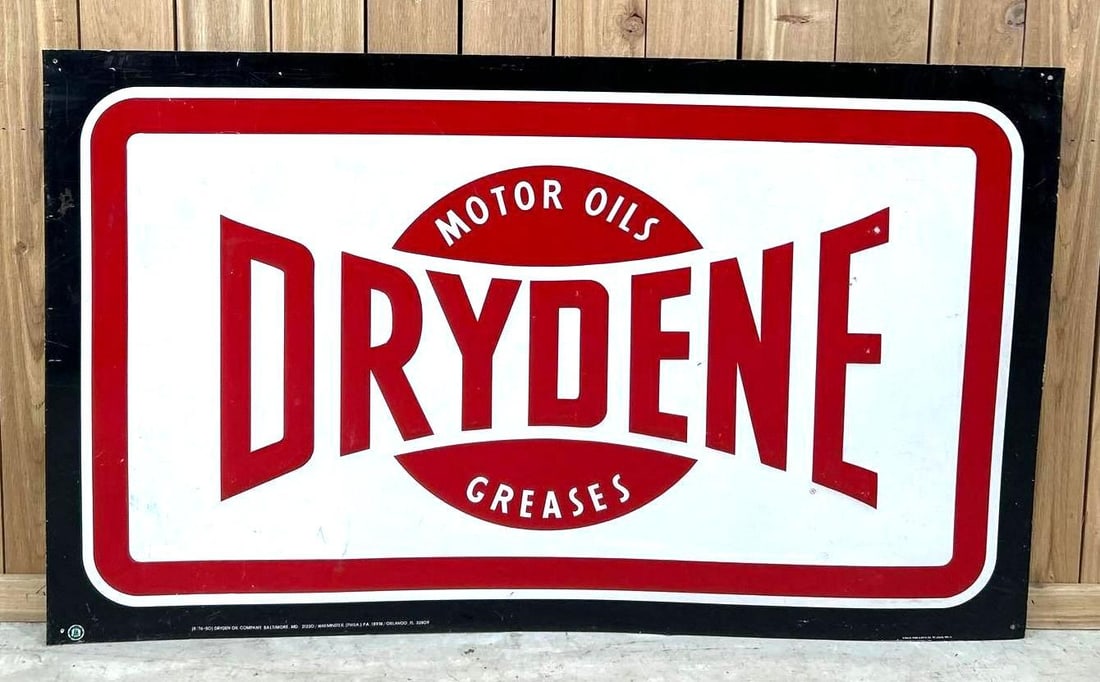 Drydene Motor Oils Greases Metal Sign (TAC): rated 8, 36"x60", the SST embossed sign has good color and shine, has wear and fine scratches, marked Grace. Rarity 2. TAC #062643
