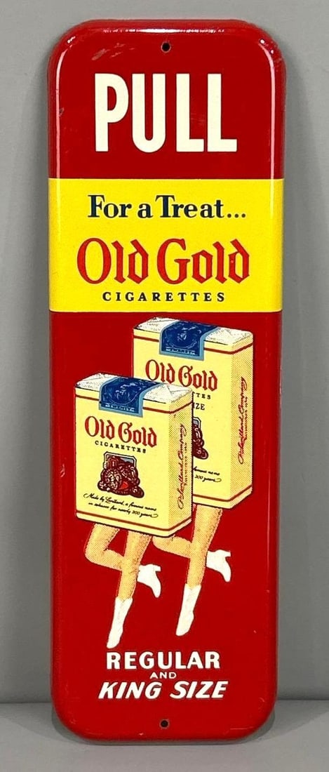 Old Gold Cigarettes Metal Door Push Sign (TAC): rated 9, 12"x4", the embossed metal door push, has good color and shine, light wear, marked at the bottom. Rarity 6. TAC #062957