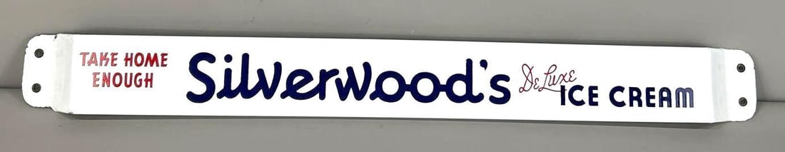 Silverwood's De Luxe Ice Cream Porcelain Door Push Sign (TAC): rated 9.25, 3.25"x31.5", the porcelain door push has excellent color and gloss, nice. TAC #062982