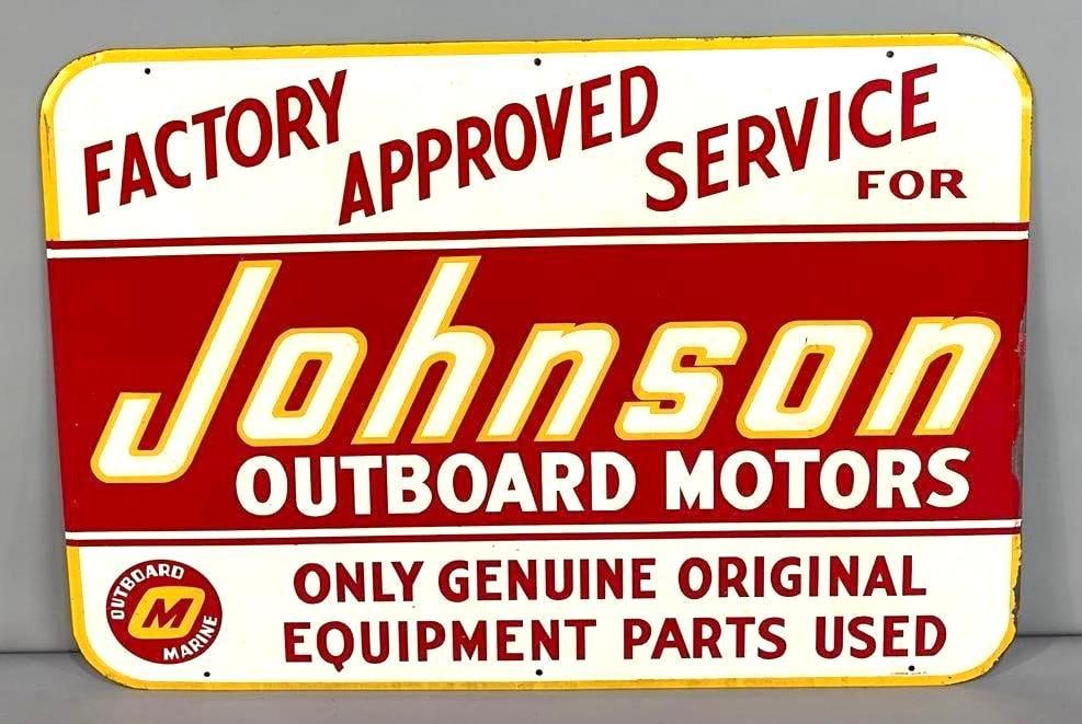 Johnson Outboard Motors Embossed Tin Sign: (Rated 9.0). 19.5" x27.5". This SST sign has strong color and gloss with minor staining and surface scratches. Sign shows paint loss on the ouer edge. Marked, "JJ Barker '57. Rarity 9. TAC # 062179.