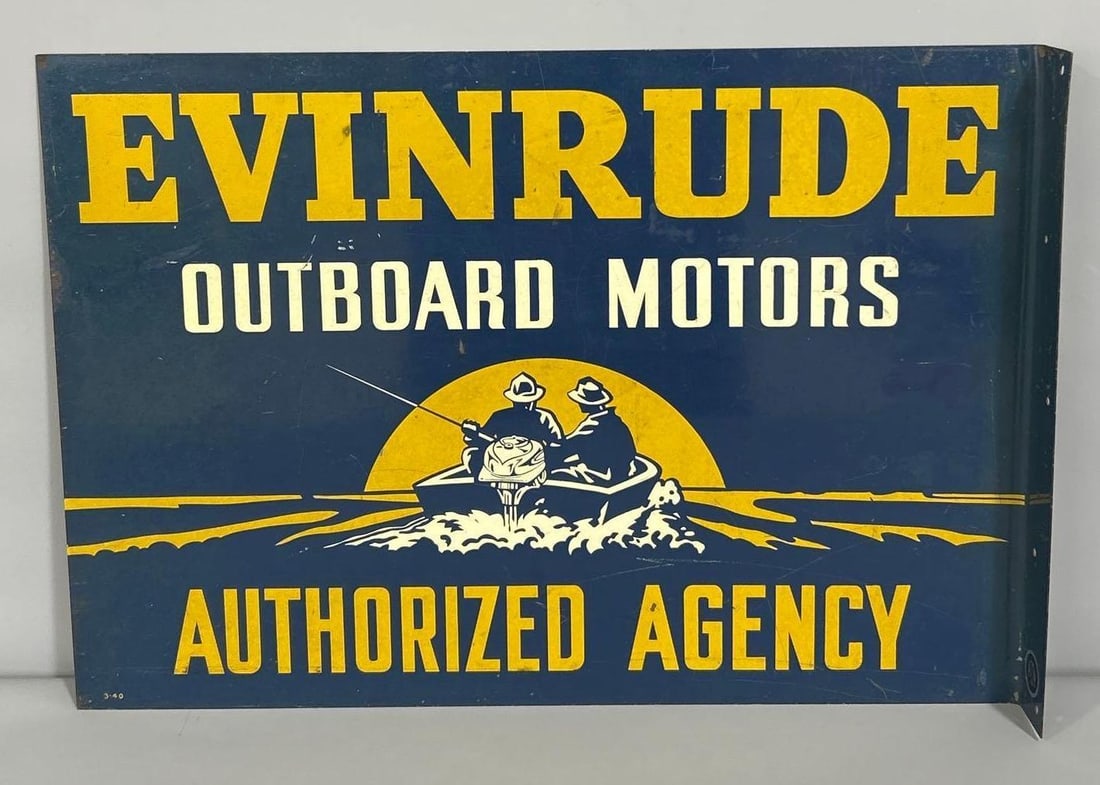 Evinrude Outboard Motors Authorized Agency w/Logo Metal Flange Sign (TAC): rated 7.75 & 7.5, 14"x20". This metal flange sign has good color and shine with wear and marks. Reverse has slightly more. Rarity 8. TAC #061716