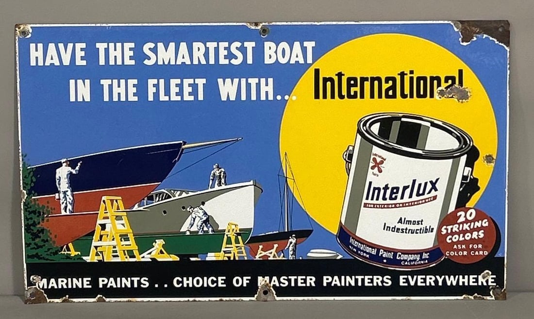 Interlux Marine Paints w/Graphics Porcelain Sign (TAC): rated 8, 14"x24". This SSP sign has good color and gloss with damage in the upper right-hand corner. sign has chips at mounting holes. Rarity 5. TAC #061652