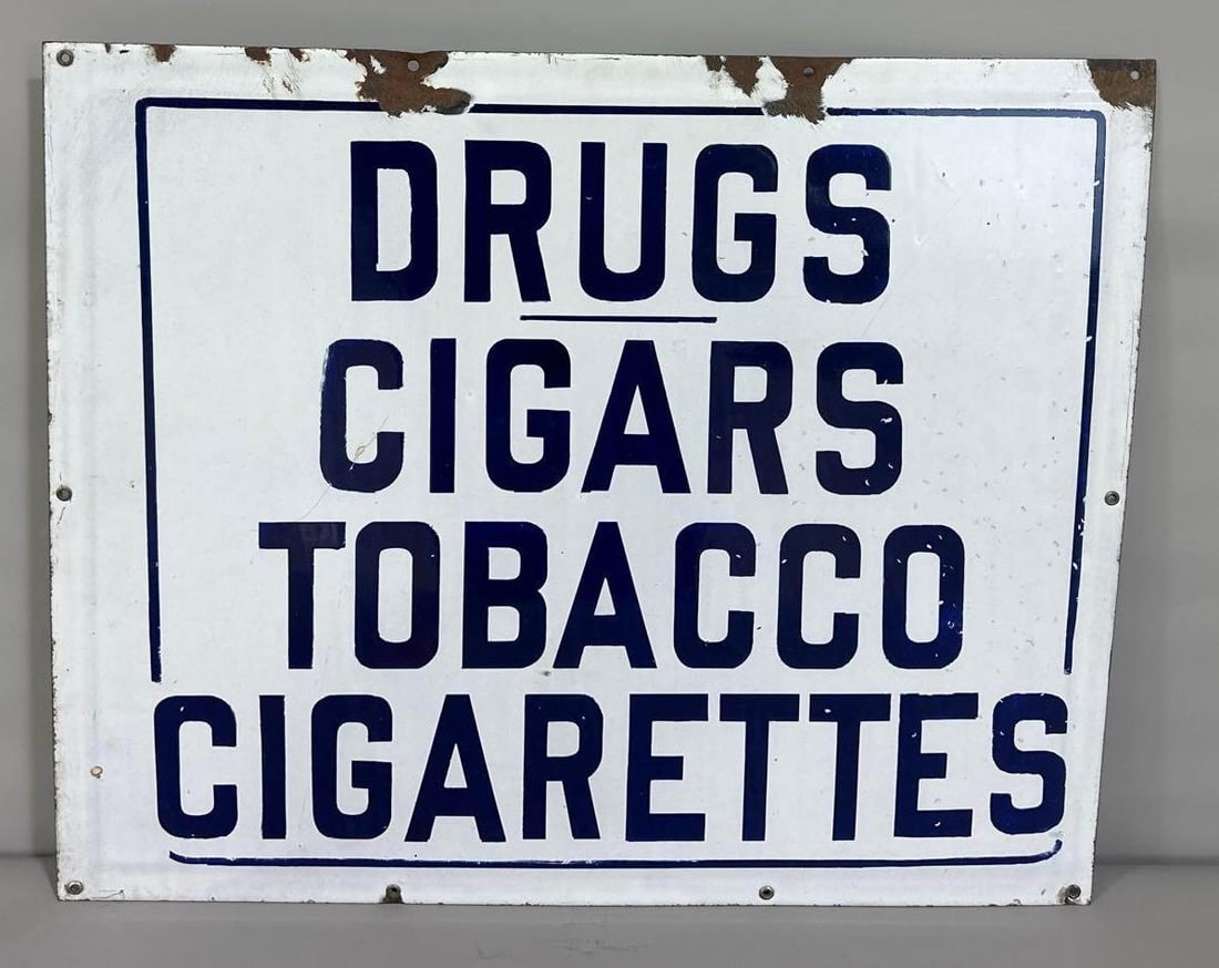 Drugs Cigars Tobacco Cigarettes Porcelain Sign (TAC): rated 8.9, 23"x28", the SSP sign has excellent color and gloss with a few tiny chips. Sign has large chips along the top edge. Rarity 9. TAC #061353