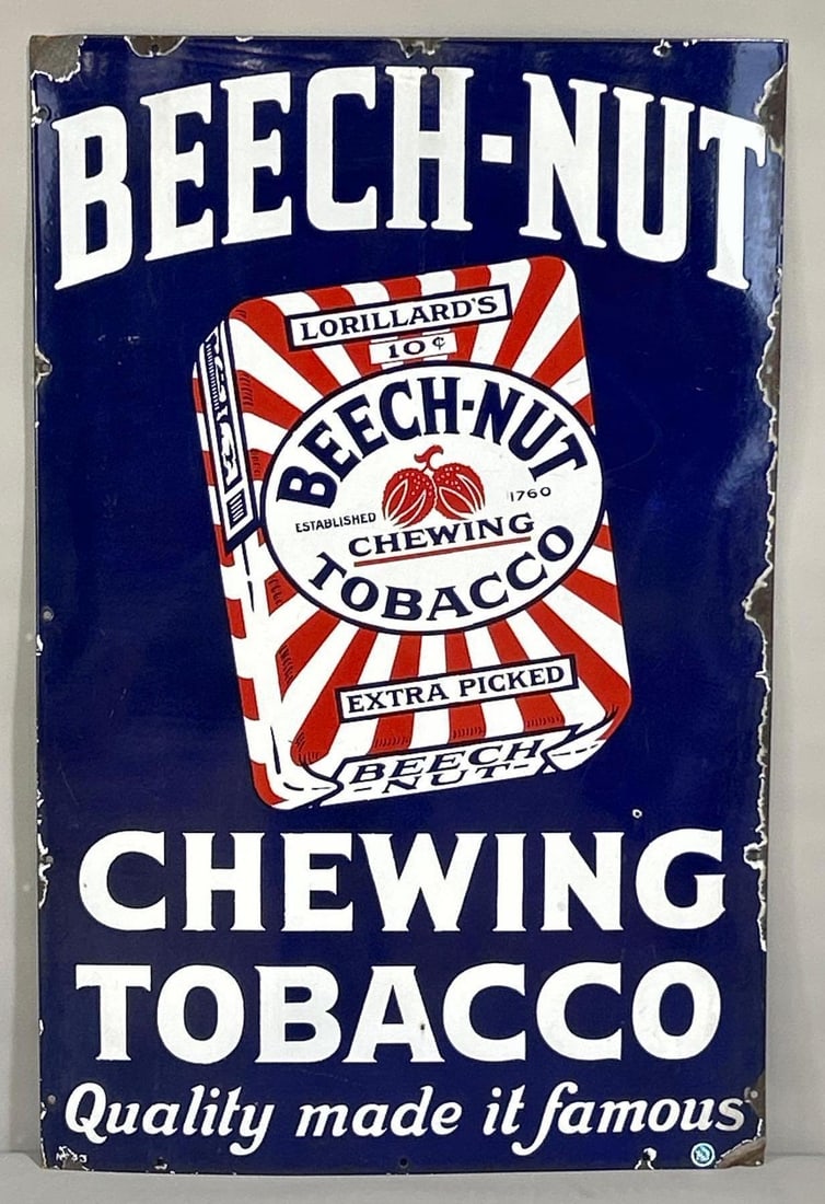 Large Beach-Nut Chewing Tobacco Porcelain Sign (TAC): rated 8.9, 46"x30". The SSP sign has excellent color and gloss with a few tiny chips in the field. Sign has larger chips around the perimeter, two corners are slightly bent. Rarity 5. TAC #061472