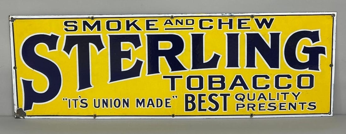 Sterling Tobacco Smoke & Chew Porcelain Sign (TAC): rated 9, 12"x36". This SSP sign has good color and shine throughout. Sign has porcelain loss on lower left-hand corner. TAC #044869