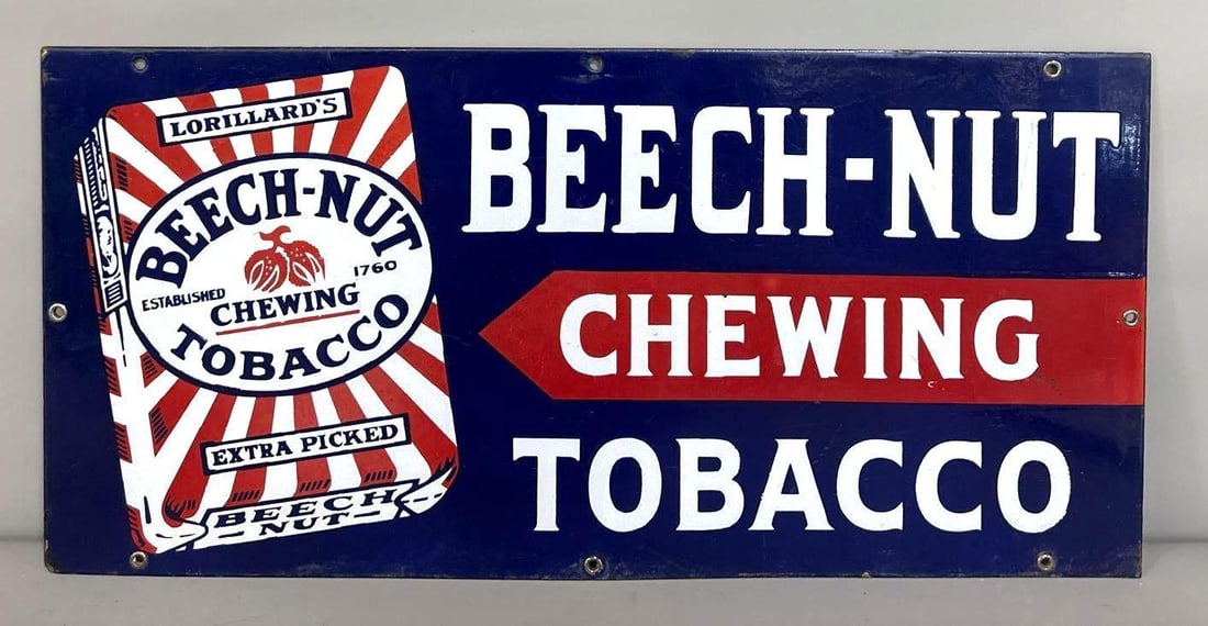 Beech-Nut Chewing Tobacco w/Image Porcelain Sign (TAC): rated 9, 10.5"x22". The SSP sign has very good color and gloss with light wear and tiny chips around the perimeter. Rarity 4. TAC #061385