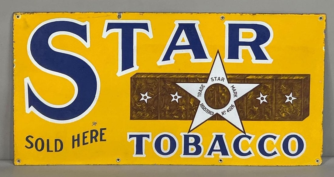 Star Tobacco Single-Sided Porcelain Sign W/ Bundle Graphic: (Rated 8.9). 12" x 24". This SSP sign has fade throughout the face. Sign shows a minor porcelain chip in the outer field and on the outer edge. Rarity 2. TAC # 062274