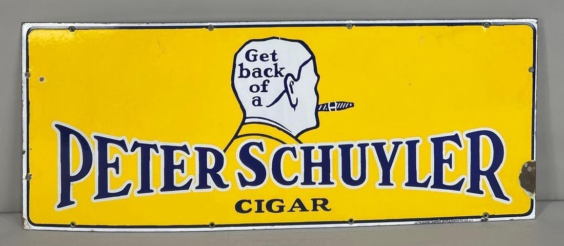 Peter Schuyler Cigars w/Image Porcelain Sign (TAC): rated 9, 12"x30", the SSP sign has excellent color and gloss, field is clean, has chip at left-hand edge, marked Baltimore Enamel. Rarity 3. TAC #062476