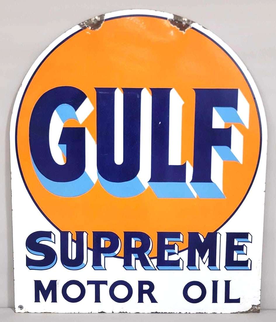 Hard to find Gulf Supreme Motor Oil Porcelain Sign (TAC) (1 of 7)
