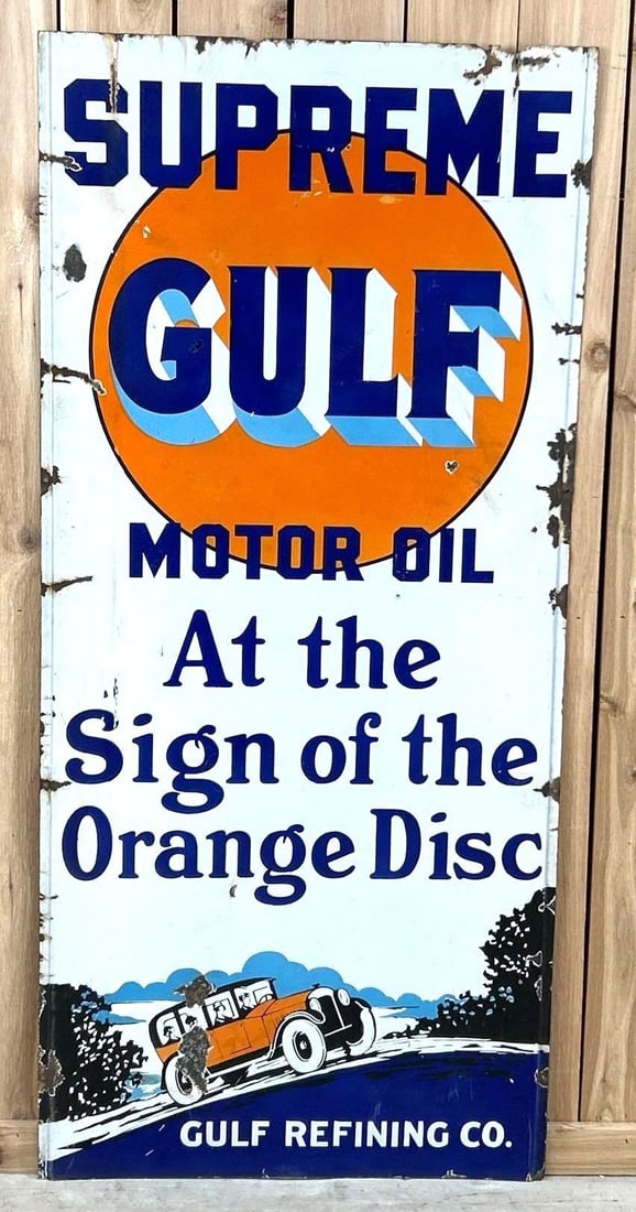 Supreme Gulf Motor Oil w/Orange Sedan Porcelain Sign (TAC) (1 of 5)
