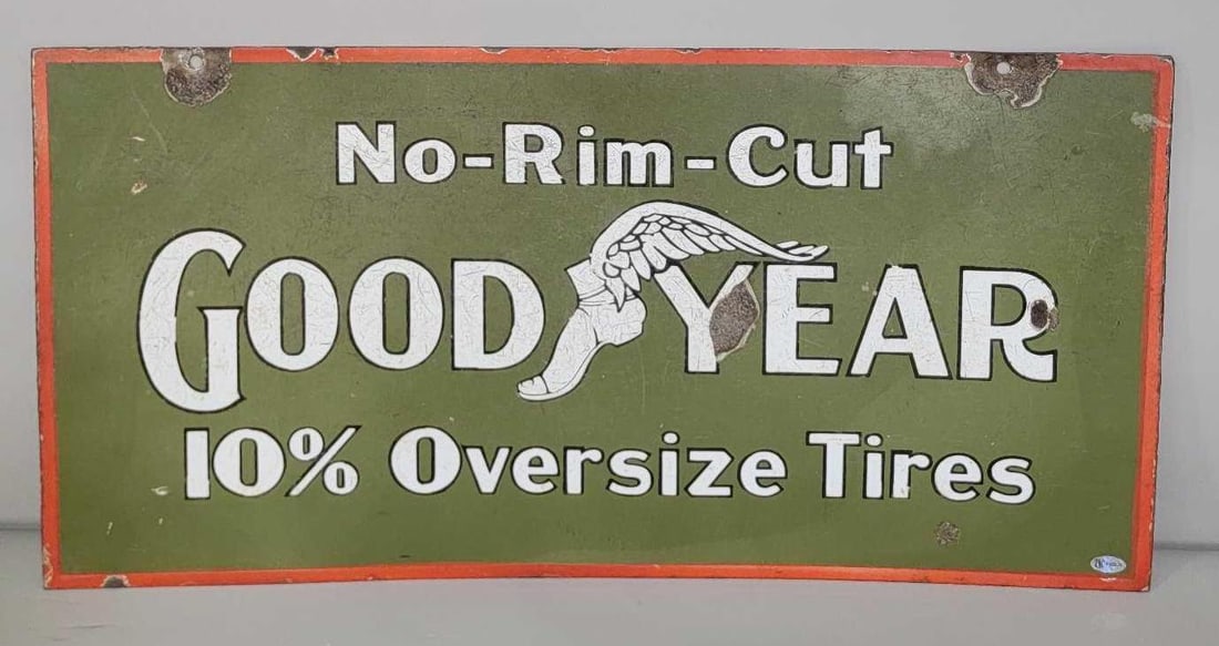 Goodyear No-Rim-Cut w/Early Winged Foot Logo Porcelain Sign (TAC) (1 of 8)