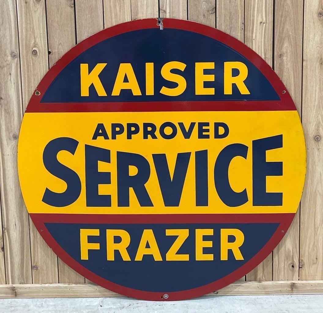 Kaiser Frazer Approved Service Porcelain Sign (TAC): rated 9, 58.5'D. This DSP sign has excellent color and gloss. Sign has chips around the perimeter. Rarity 3. TAC #044596