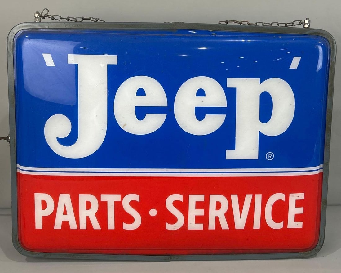 Jeep Parts-Service Molded Plastic Lighted Sign: rated 19"x25"x6", the 2-molded plastic inserts mounted in original metal light box, works. 