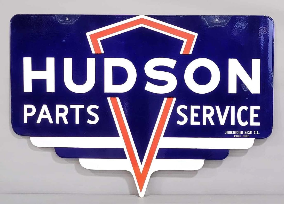Hudson Part Service Porcelain Sign (TAC): rated 8.5 & 8.25, 29.5"x42", the DSP die-cut sign has good color and gloss with large touched up chips at mounting holes and bottom point. Marked, "American Sign Co". Rarity 4. TAC #061429