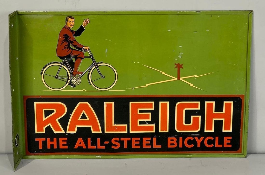 Raleigh "The All-Steel Bicycle" w/Image Metal Flange Sign (TAC): rated 8, 10"x15", the metal flange sign has good color and shine, has light wear and a few fine scratches, marked Stocal Burton. rarity 8, TAC #062989