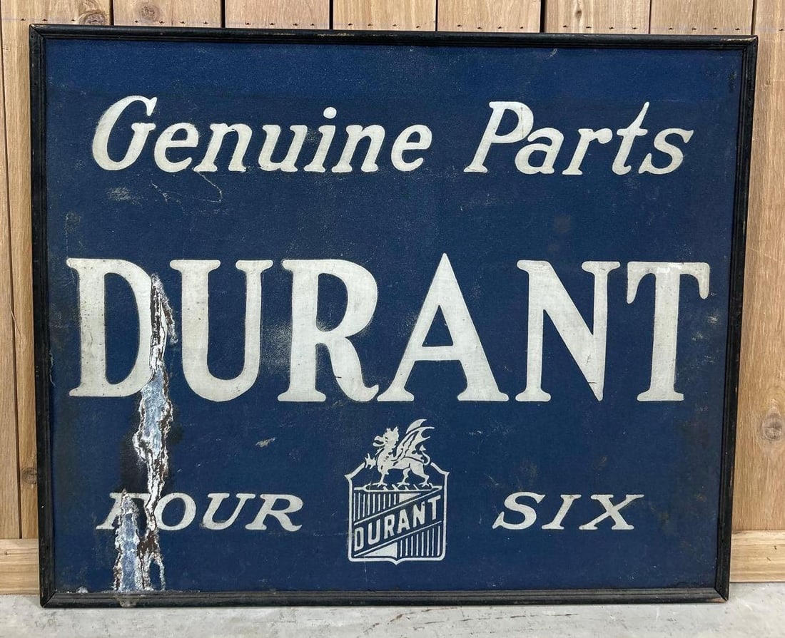 Durant Four/Six Genuine Parts w/Logo Metal Smaltz Painted Sign (TAC): rated 7.5, 31"x37". This SST Smaltz painted sign has good color and light wear in the field. Sign has damage in the left-hand edge. From the Mark Smith Collection. TAC #047377