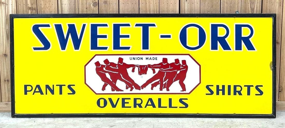 6' Sweet-Orr Pants Overalls Shirts Porcelain Sign: Rated 9. 28.5 x 72.5. This SSP has excellent color and gloss throughout the fields. Sign shows one area of porcelain loss with touch up on the outer right hand edge. Outer edge also shows other minor