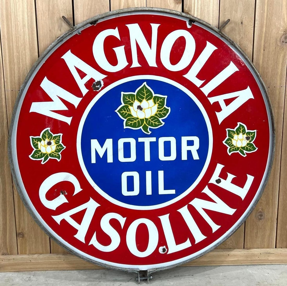 Magnolia Gasoline Motor Oil w/3-Flower Logo Porcelain Sign (TAC) (1 of 6)