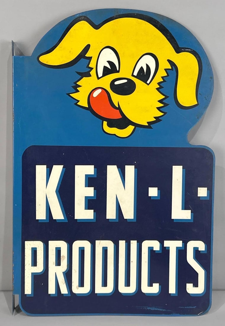 Ken-L-Products Painted Metal Flange Sign W/ Dog Graphic: (Rated 8.75, 8.5). 18" x 27.5". This DST sign has good color and gloss throughout with notable areas of surface staining and minor storage wear in the field. Reverse shows more staining than the