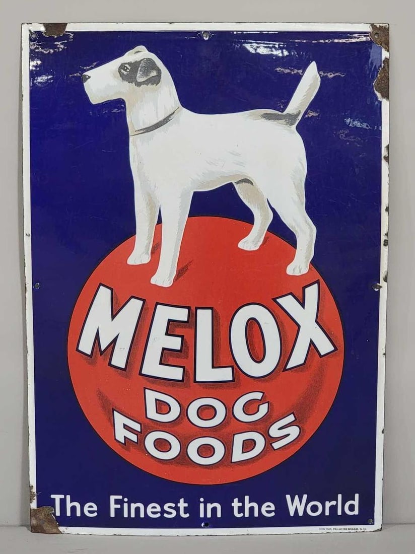 Melox Dog Food w/Image Porcelain Sign (TAC): rated 8.25, 26"x18". This SSP sign has good color and gloss with wear and marks in the field. Marked "Bruton, Palmers Green." TAC #061648
