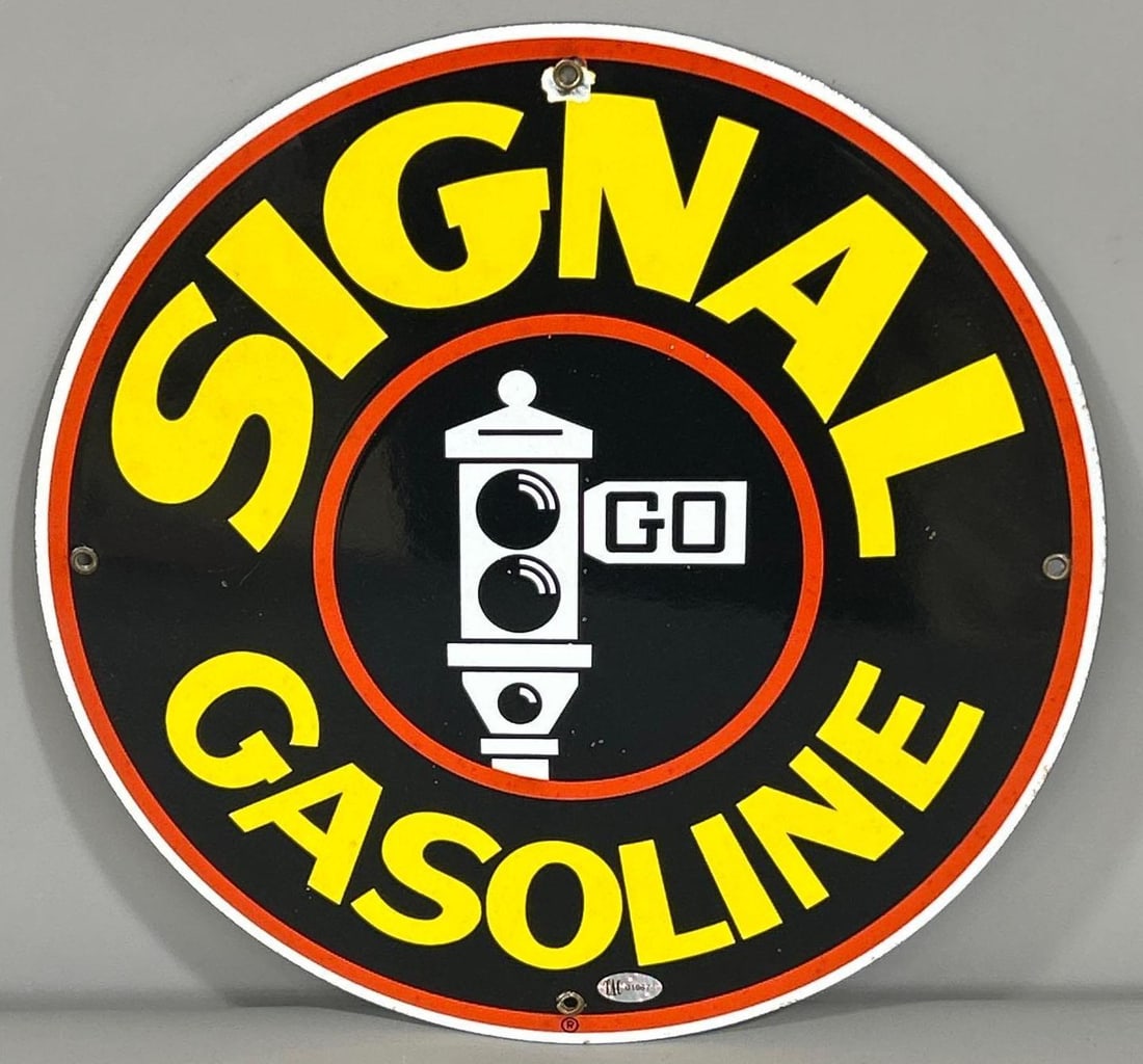 Signal Gasoline w/Black Stoplight Logo Porcelain Pump Sign (TAC) (1 of 5)