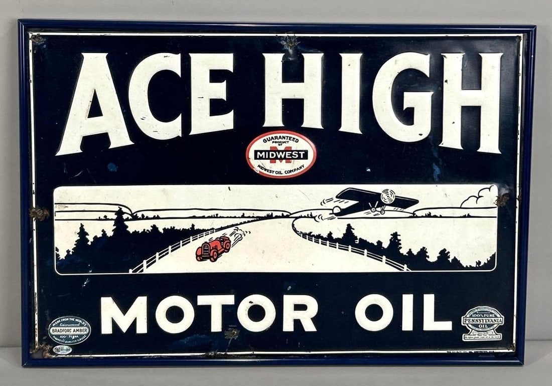 Ace High Motor Oil Midwest Oil Co. w/Great Logo Metal Sign (TAC): rated 8.5, 13.25"x19.75", the SST embossed sign has good color and shine, has wear and spots in the field, has extra nail holes and creases around the perimeter, metal loss in the lower left-hand