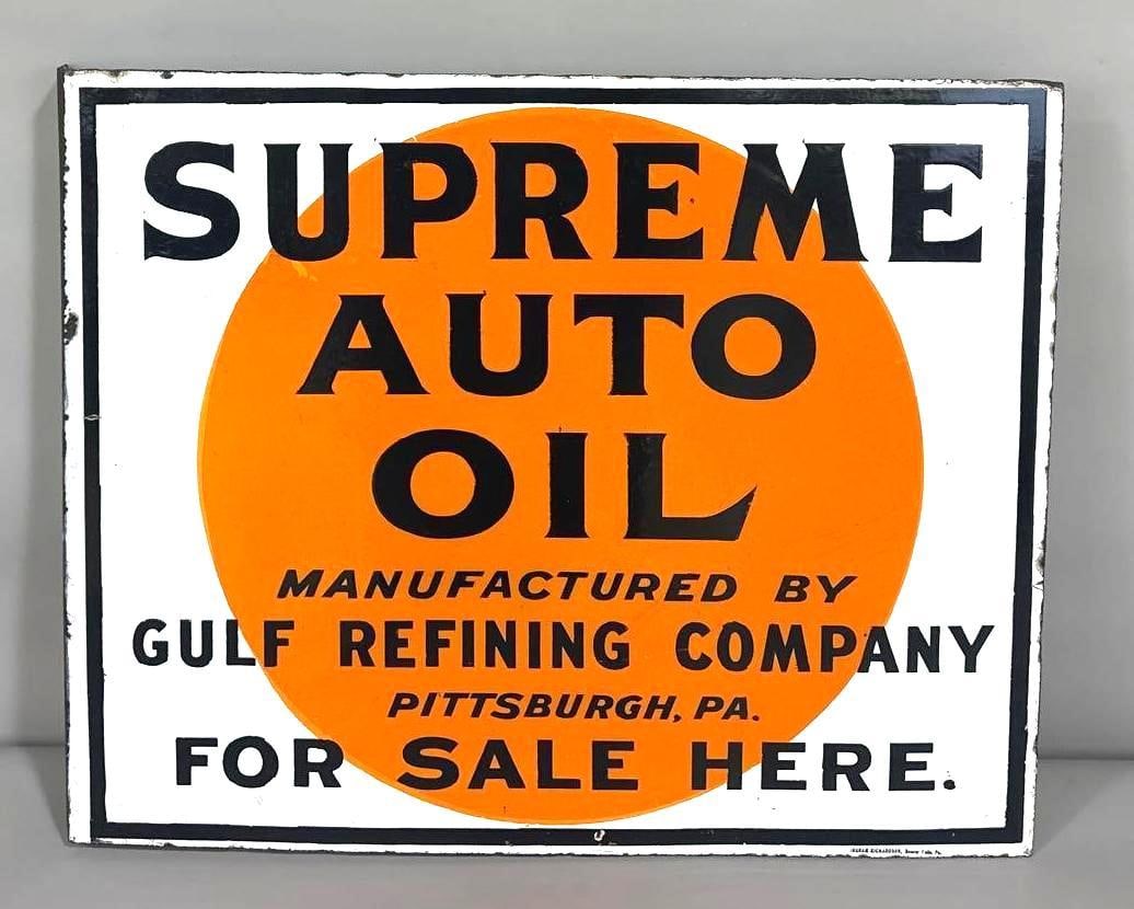 Supreme Auto Oil Gulf Refining Co. Porcelain Flange Sign (TAC) (1 of 6)