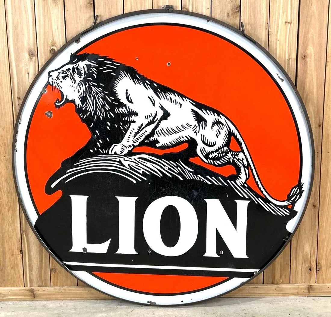Lion Porcelain Service Station Identification Sign W/ Lion Standing On Rock Graphic (1 of 8)