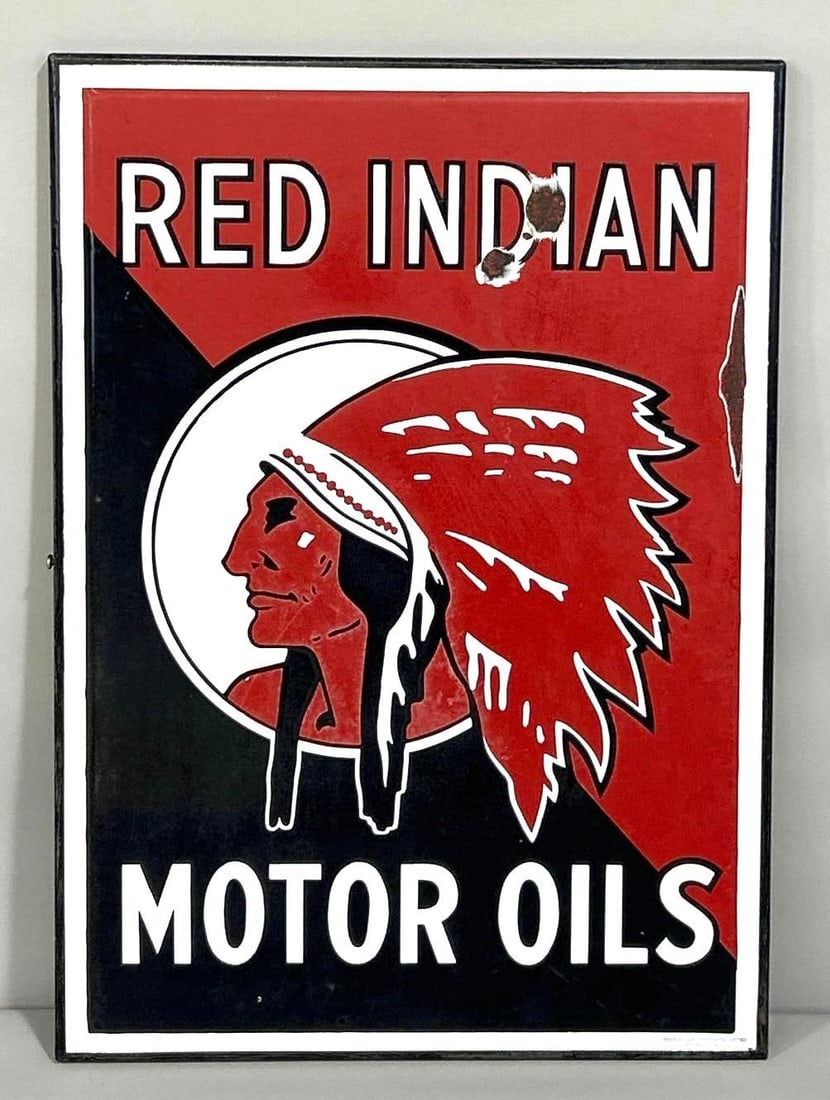 Red Indian Motor Oils w/Logo Porcelain Sign (TAC): rated 7.5, 24"x17". This SSP rolled edge sign has some gloss, red is slightly faded. Sign has chips in upper field. Marked, "Vilas". Rarity 3. TAC #400847