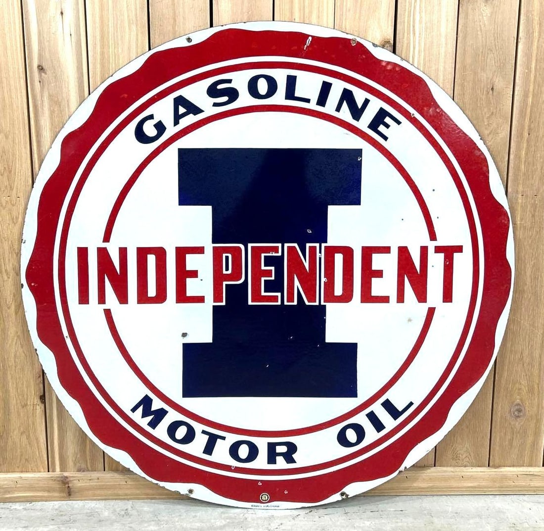 Rare 48" Independent Gasoline Motor Oil Porcelain Sign (TAC): rated 8.25, 47.5"D., the DSP sign has good color and gloss with areas of wear and a few small chips & bruises. Marked Veribrite. Rarity 8. TAC #061486
