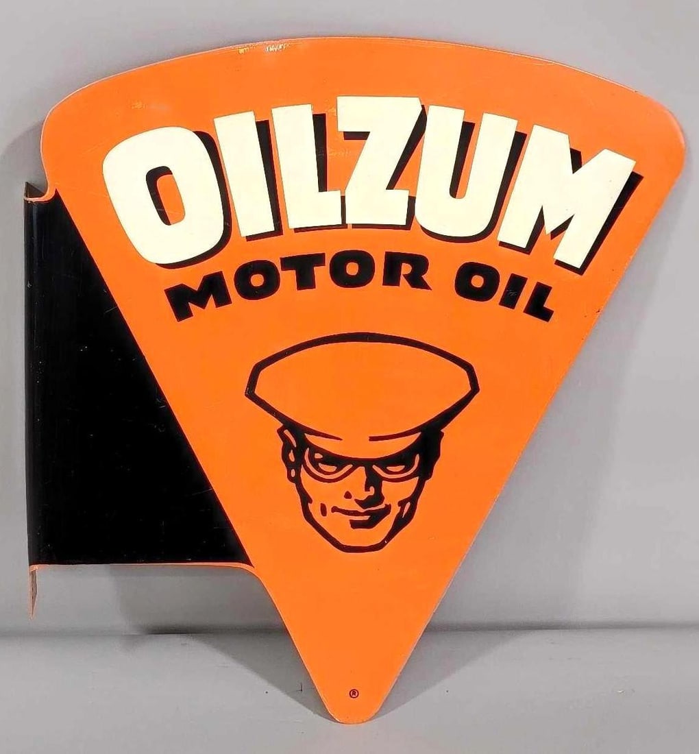Oilzum Motor Oil w/Logo Metal Flange Sign (TAC): rated 9 & 8.9, 17"x15.5". This die-cut metal flange sign has good color and shine. Display has light wear, reverse shows a fine scratch in the field. Marked "A-M". dated 1953. TAC #061645