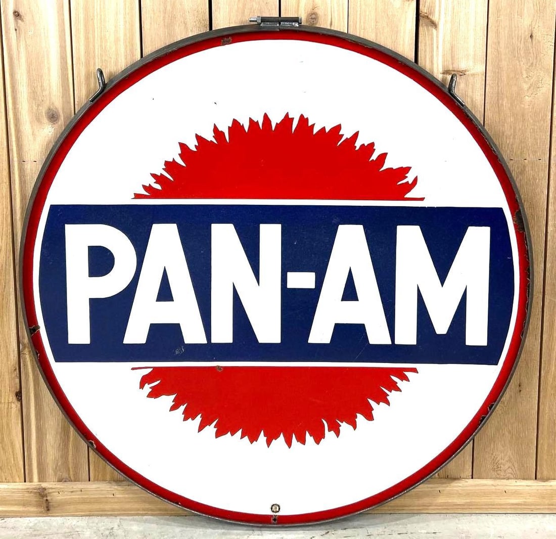 Rare Pan-Am w/Logo Porcelain Sign (43)(TAC): rated 8.5 & 8.25, 42"D., the DSP sign has good color and gloss with small chips and wear. Reverse has more wear and fine scratches. Rarity 9. TAC #061464