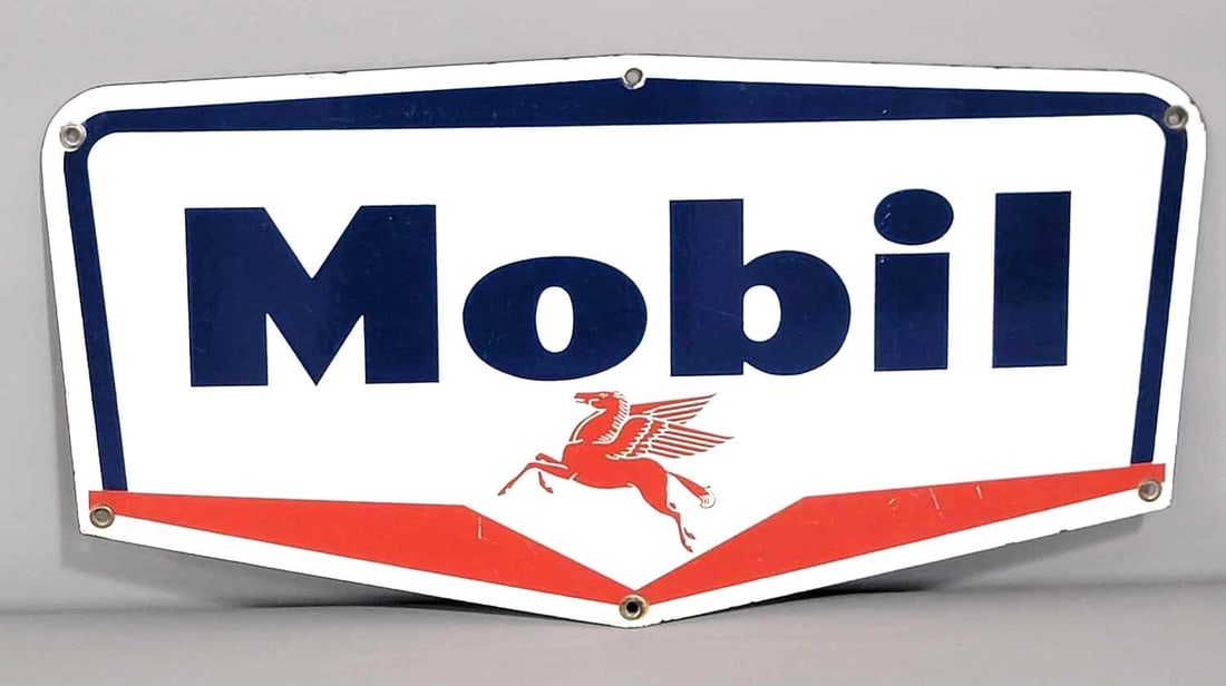 Mobil w/Small Pegasus Porcelain Guillotine Sign (TAC): rated 8.9, 9.5"x18.5". This SSP die-cut sign has good color and gloss. Sign has a few fine scratches in the field. TAC #061734