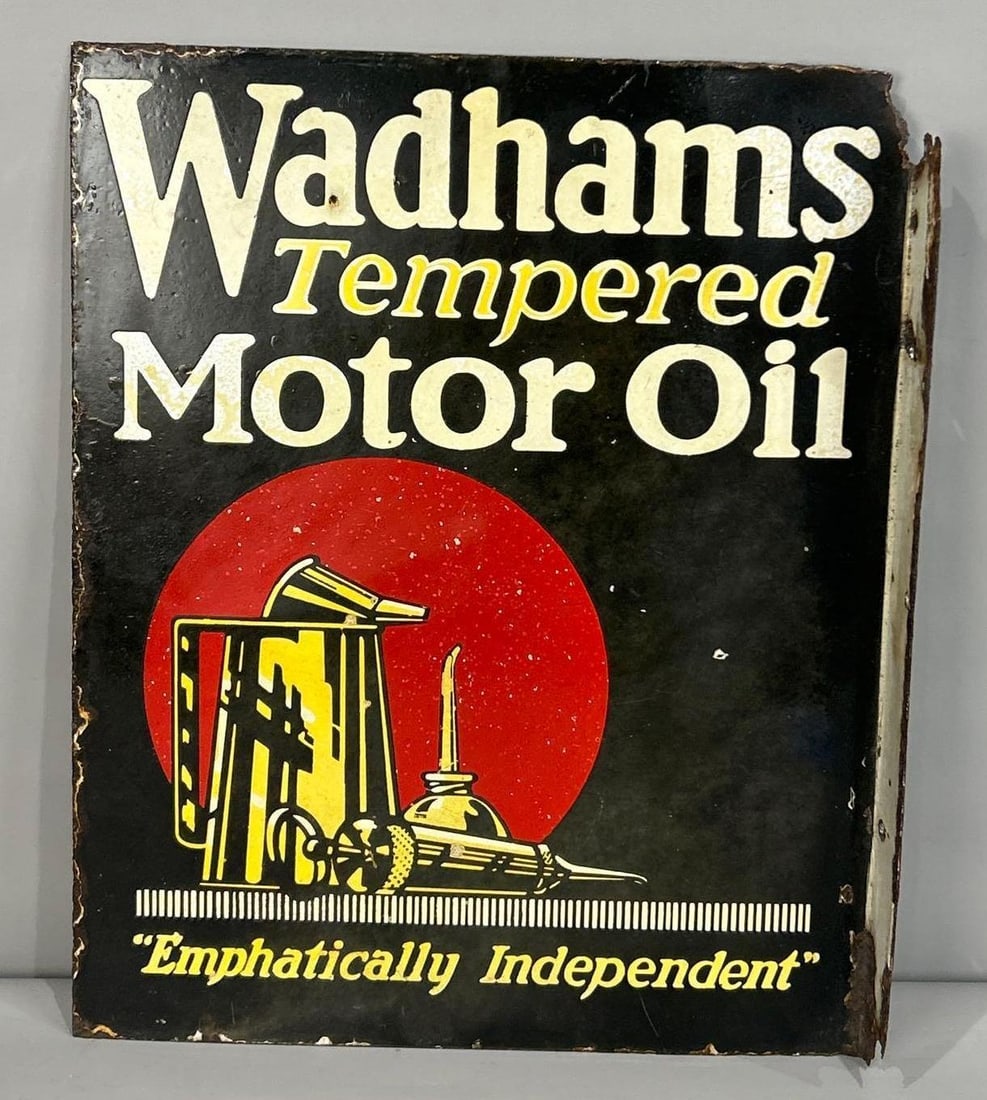 Wadham Tempered Motor Oil w/Logo Porcelain Flange Sign: is clear coated on both sides, 20"x16", has damage on the flange.