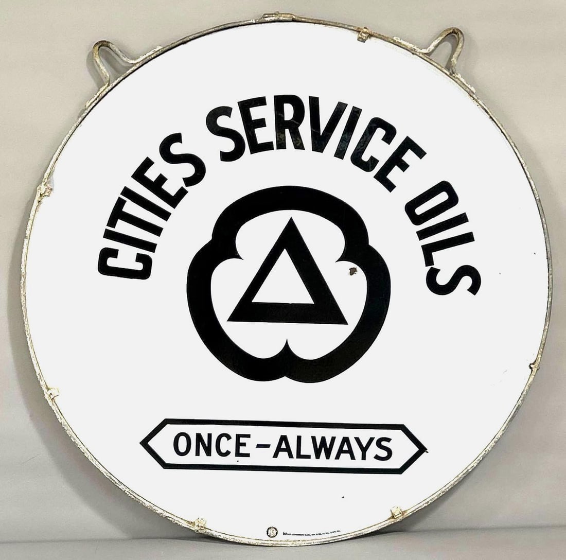 Cities Service Oils "Once-Always" Porcelain Signs (TAC): rated 8.9, 42"D., 2-SSP sign both have excellent color and gloss. Both have small chips in the field. Signs are mounted back-to-back. Marked Burdick. Rarity 2. TAC #061470
