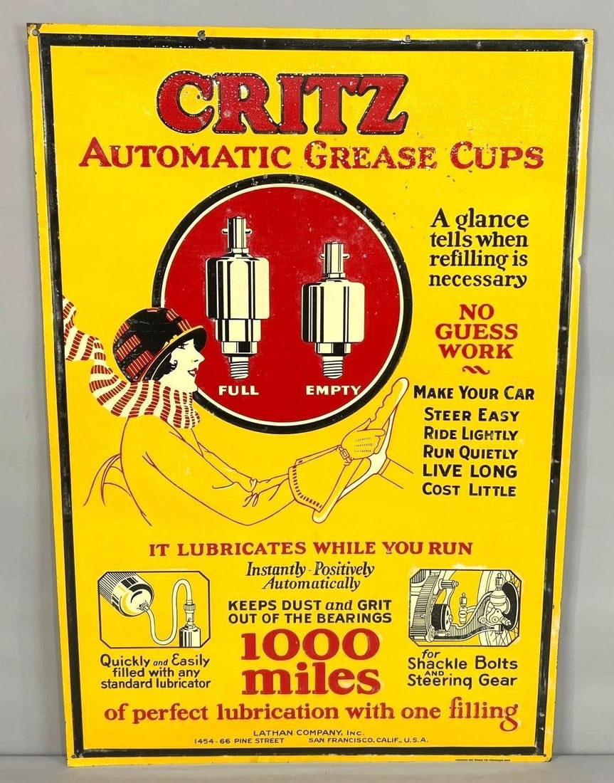 Critz Automatic Grease Cups w/Lady Driving Image Metal Sign (TAC) (1 of 5)