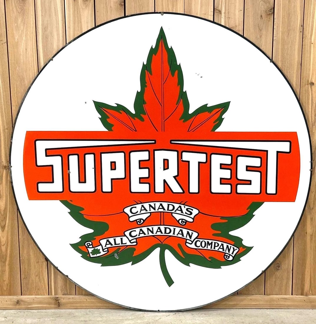 Superb Supertest Porcelain Station Identification Sign W/ Maple Leaf Graphic: Rated 8.9, 8.75. 60" Dia. This DSP sign has extraordinary color and gloss throughout both sides. Display has light chips on the inner and outer fields, while the reverse side shows slightly more c