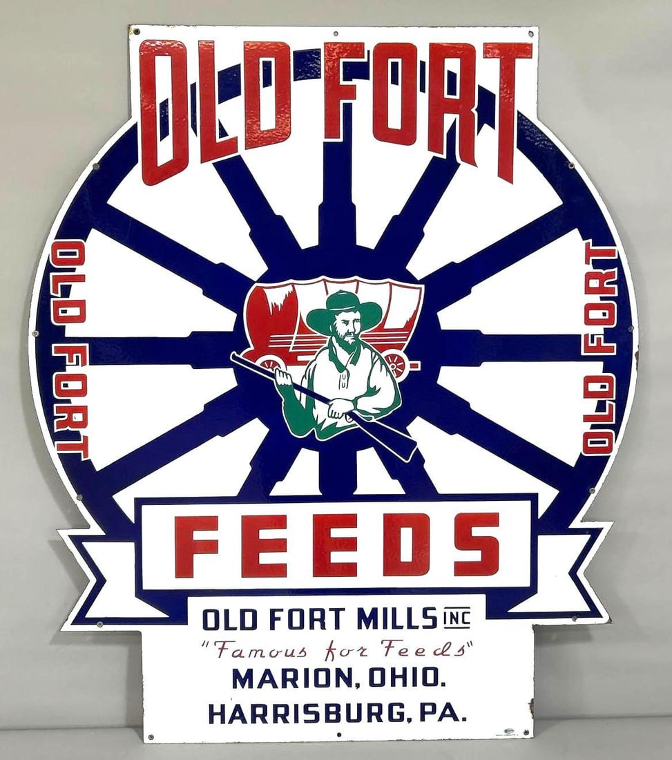 "MINT" Old Fort Feeds w/Logo Porcelain Sign (TAC): rated 9.5, 47.5"x40", the SSP die-cut sign has excellent color and gloss. Marked Beach. Rarity 7. TAC #031575