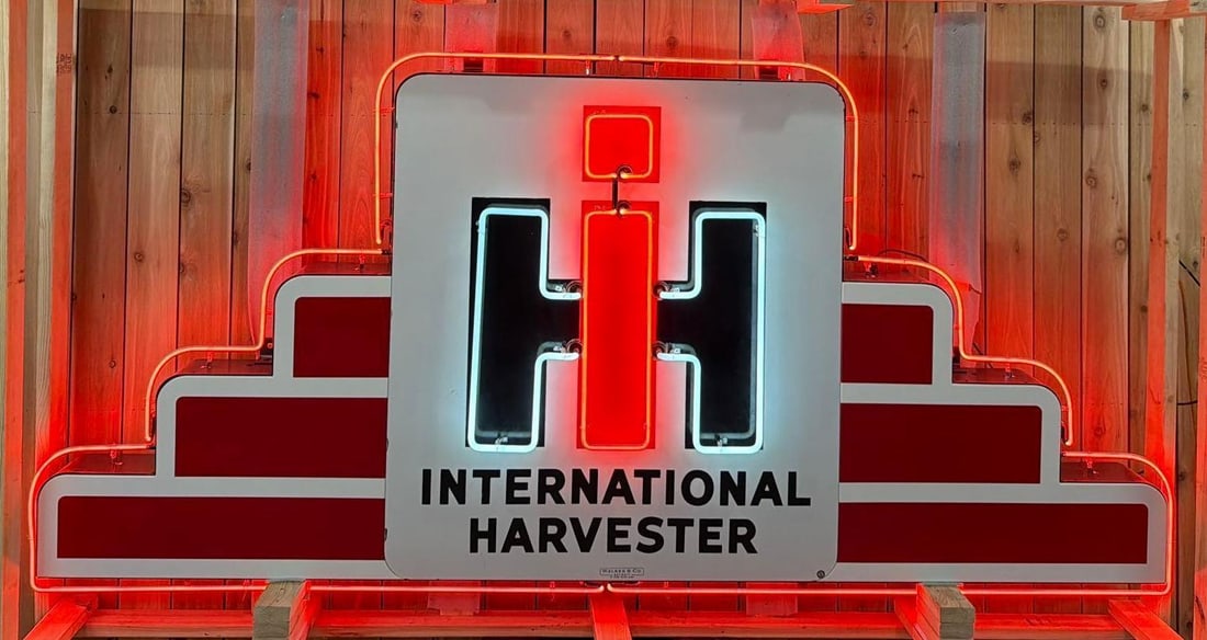 Spectacular IH (International Harvester) Porcelain Neon Sign w/ Wings: rated 9, 51"x46" for the SSP neon sign has excellent color and gloss, the wings are new, all is on a new metal can with new neon tubing and transformers. Walker & Co. Detroit. TAC #063001