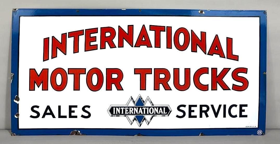 International Motor Trucks Sales & Service w/Logo Porcelain Sign (TAC): rated 9+, 24"x48", the SSP sign has excellent color and gloss. Field is clean with chips around the perimeter. Rarity 6. TAC #061405