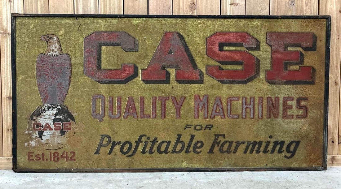 Case Quality Machines For Profitable Farming Sign W/ Eagle Graphic: Rated 7.0. 36" x 72". This SST sign with smaltz paint has notable paint loss throughout the graphic and lettering, as well as, one hole in the center of the field. Smaltz paint shows moderate