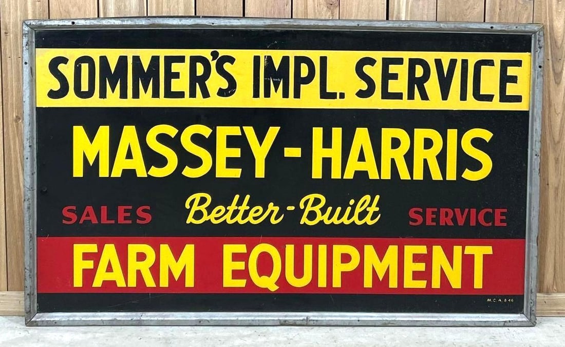 Massey-Harris Farm Equipment Metal Sign (TAC): rated 8.75, 35.5"x59.5", the SST wood framed sign has very good color and shine, has a few fine scratches and light wear, marked M.C.A., dated 1946. Rarity 4. TAC #062975