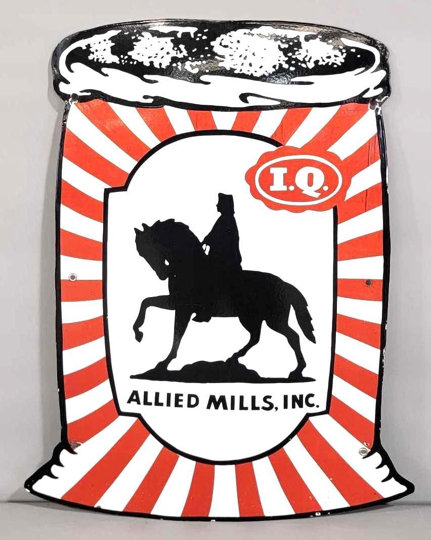 (Wayne Feeds) Allied Mills, Inc. w/Logo Porcelain Sign (TAC): rated 9, 32"x24.5". This SSP die-cut sign has good color and gloss with wear in the outer fields. Rarity 3. TAC #061668