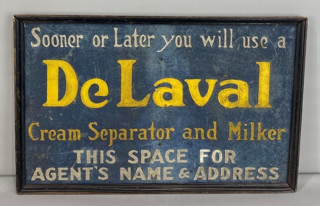 Salesman Sample DeLeval Cream Seperator Smaltz on Tin Sign W/ Original Frame (1 of 4)