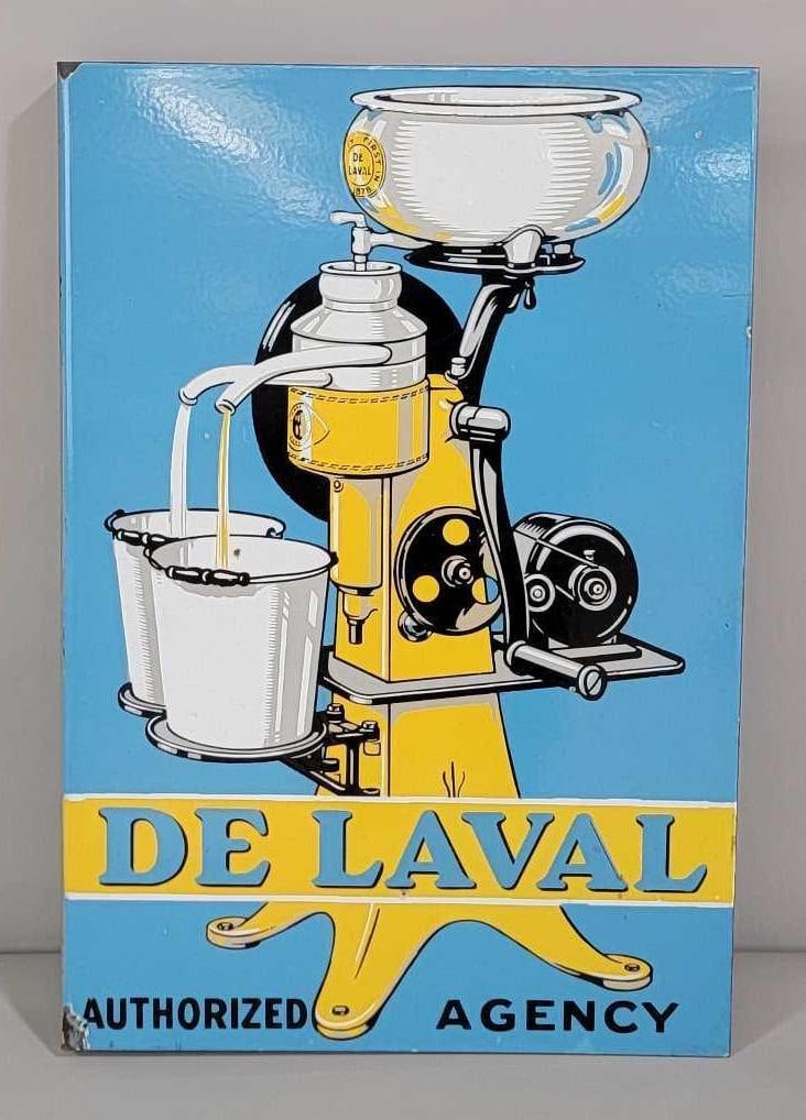 De Laval Authorized Agency (blue) Porcelain Flange Sign (TAC): rated 8.9, 26.5"x18", the porcelain flange sign has excellent color and gloss with a few tiny chips on both sides. Marked, " Made in U.S.A. #1379." Rarity 3. TAC #061347