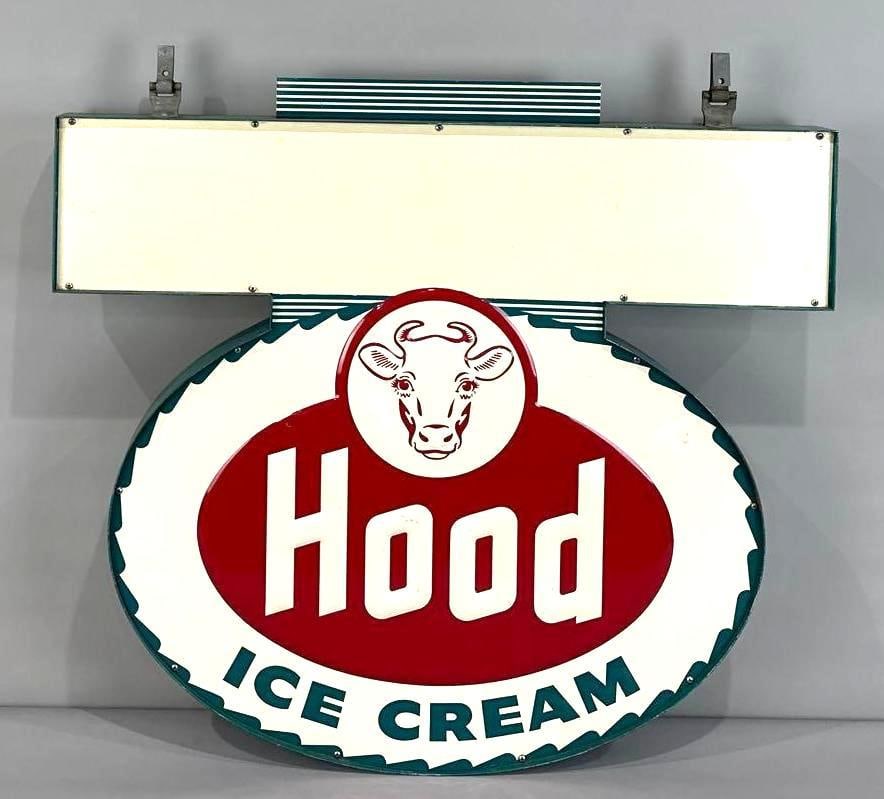 Hood Ice Cream Double-Sided Embossed Tin Sign W/ Cow Graphic: Rated 8.9, 8.9. 36" x 32". These two SST signs presented back to back on a metal can have excellent color and gloss. Display shows surface scratching on both the inner and outer fields, while the reve