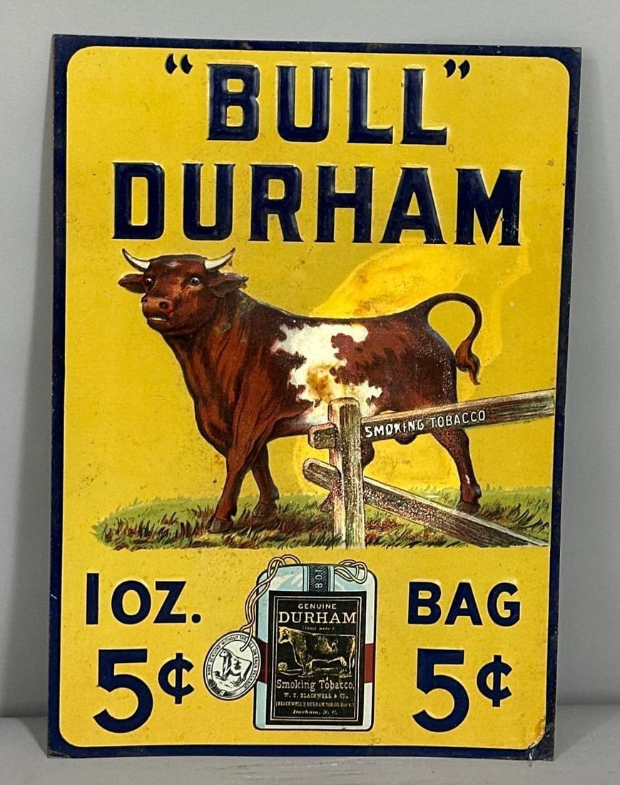 "Bull" Durham w/Logo Metal Tacker Sign (TAC): rated 8.75, 12"x8.5". The SST embossed tacker sign has good color and shine with minor wear in the field. Rarity 8. TAC #061357