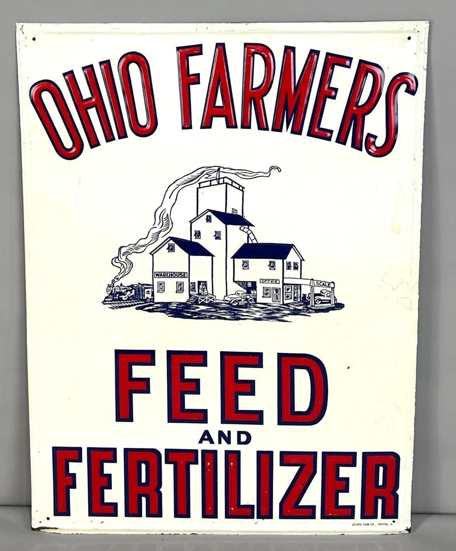 Ohio Farmers Self-Framed Embossed Tin Sign W/ Industrial Graphics: (Rated 9.0). 18" x 24". This SST sign has excellent color and gloss with only minor surface blemishes and staining on the outer field. Outer edge has minor paint loss. Marked, "Scioto Sign Co.". Rarit