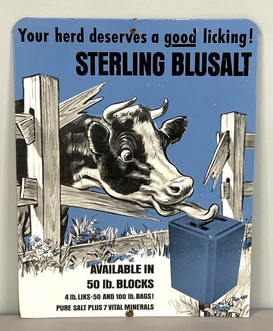 Unique Sterling Blusalt Embossed Tin Easel Backed Sign W/ Cow Graphic: Rated 8.75. 14" x 18.5". This tin over cardboard easel backed sign has strong color and gloss throughout. Sign shows minor surface scratching and paint loss at added hanging holes. Original ea
