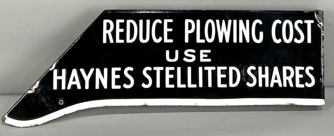 Haynes Stellited Shares Porcelain Flange Sign: (Rated 8.9, 8.9). 7" x 17.5". This DSP flange has good color and shine throughout. Display side shows porcelain loss on the outer field and edge, while the reverse shows slightly more edge wear. Rarit